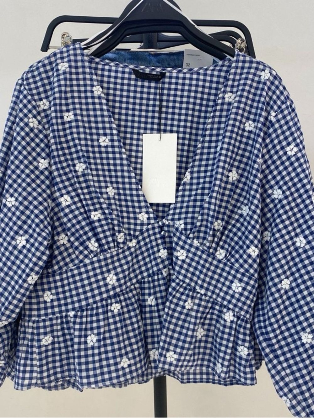 Zara Blue and White Gingham Peplum Blouse